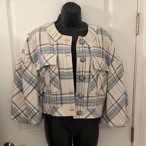 Veronica Beard Ivory and Sky Blue Checkered Jacket